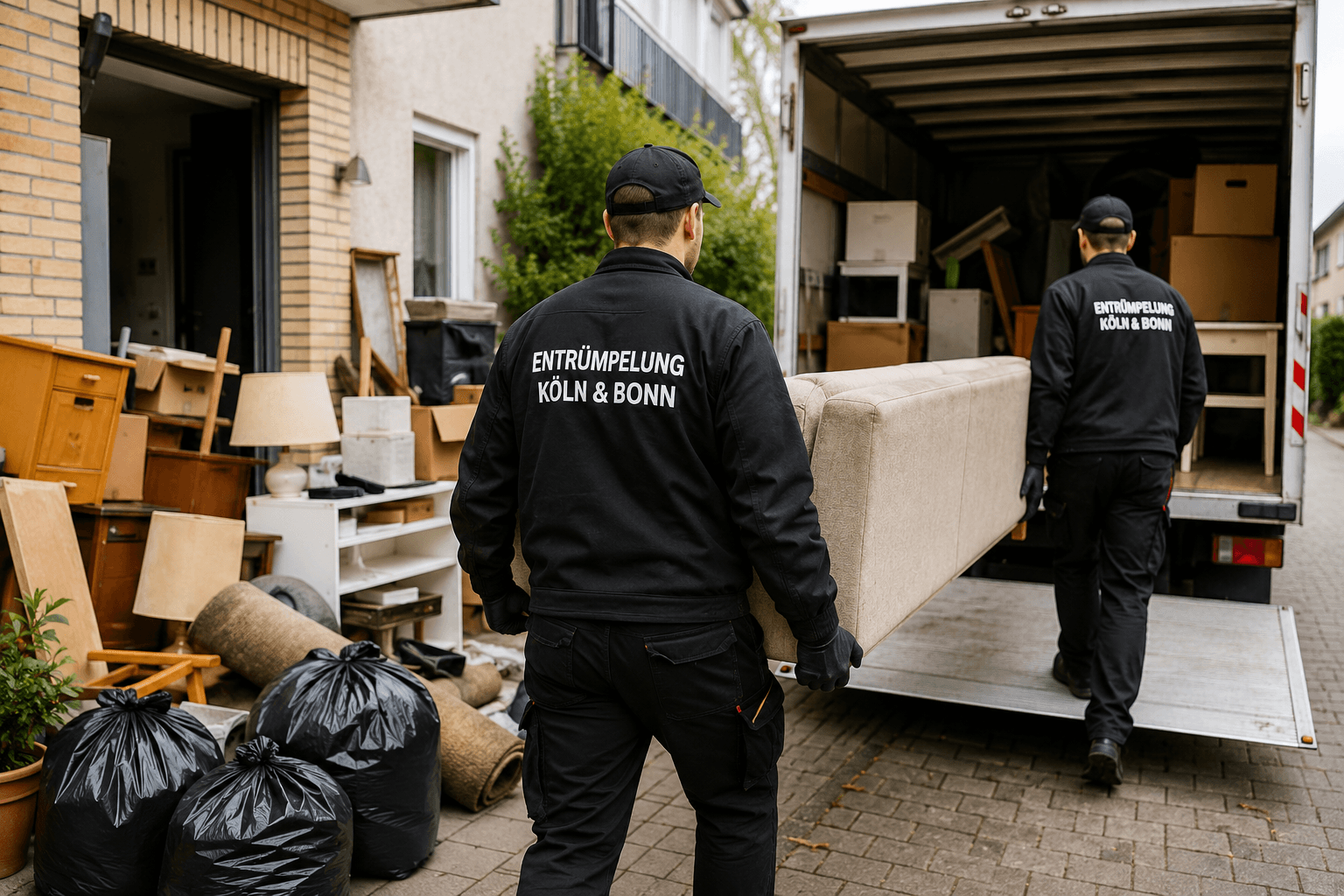 Zwei Mitarbeiter tragen bei einer Entrümpelung ein Sofa in einen Umzugswagen.