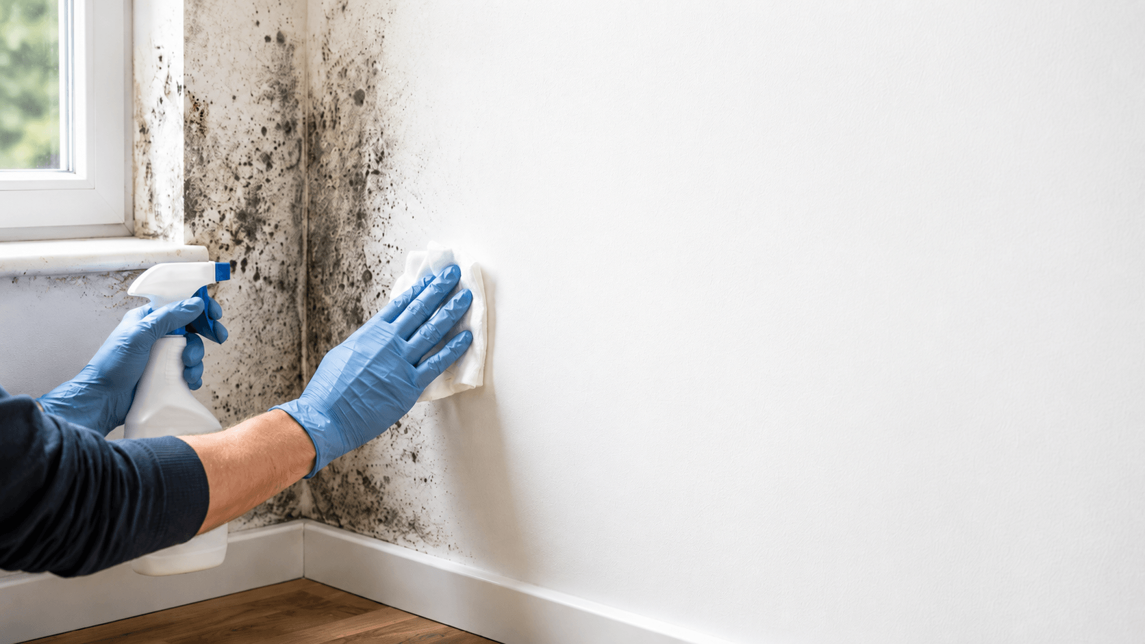 Person mit Schutzhandschuhen entfernt schwarzen Schimmel von einer Wand neben einem Fenster.